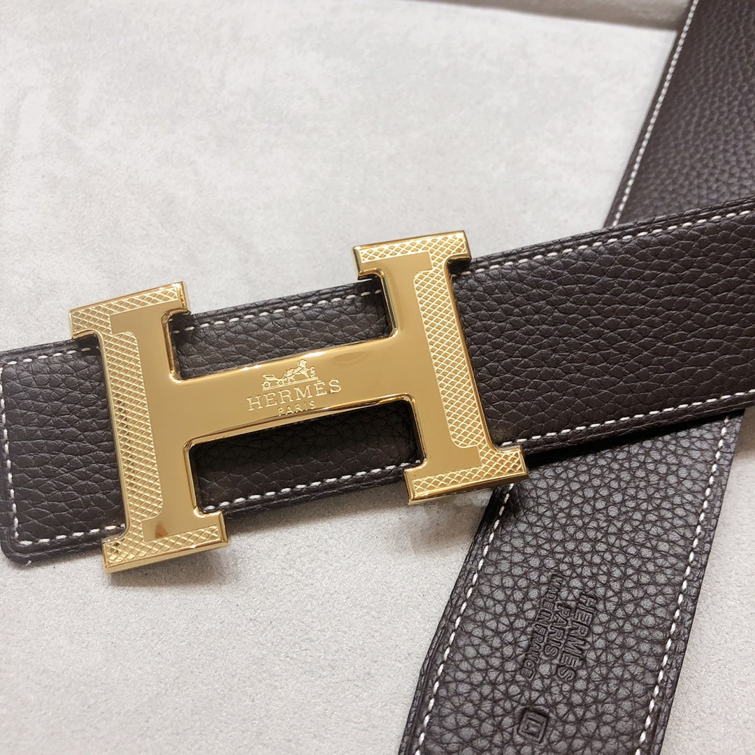 Hm H D'Ancre Belt Buckle & Reversible Black And Chocolate Brown Leather Strap 38 Mm Gold Hardware
