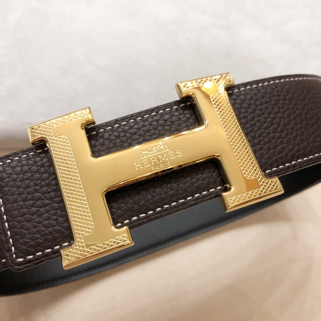 Hm H D'Ancre Belt Buckle & Reversible Black And Chocolate Brown Leather Strap 38 Mm Gold Hardware