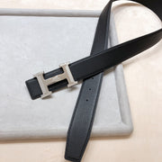 Hm Belt Buckle & Reversible Black Leather Strap 38 Mm Silver Hardware