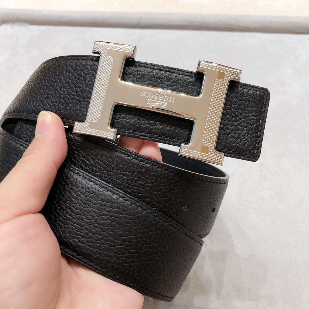 Hm Belt Buckle & Reversible Black Leather Strap 38 Mm Silver Hardware