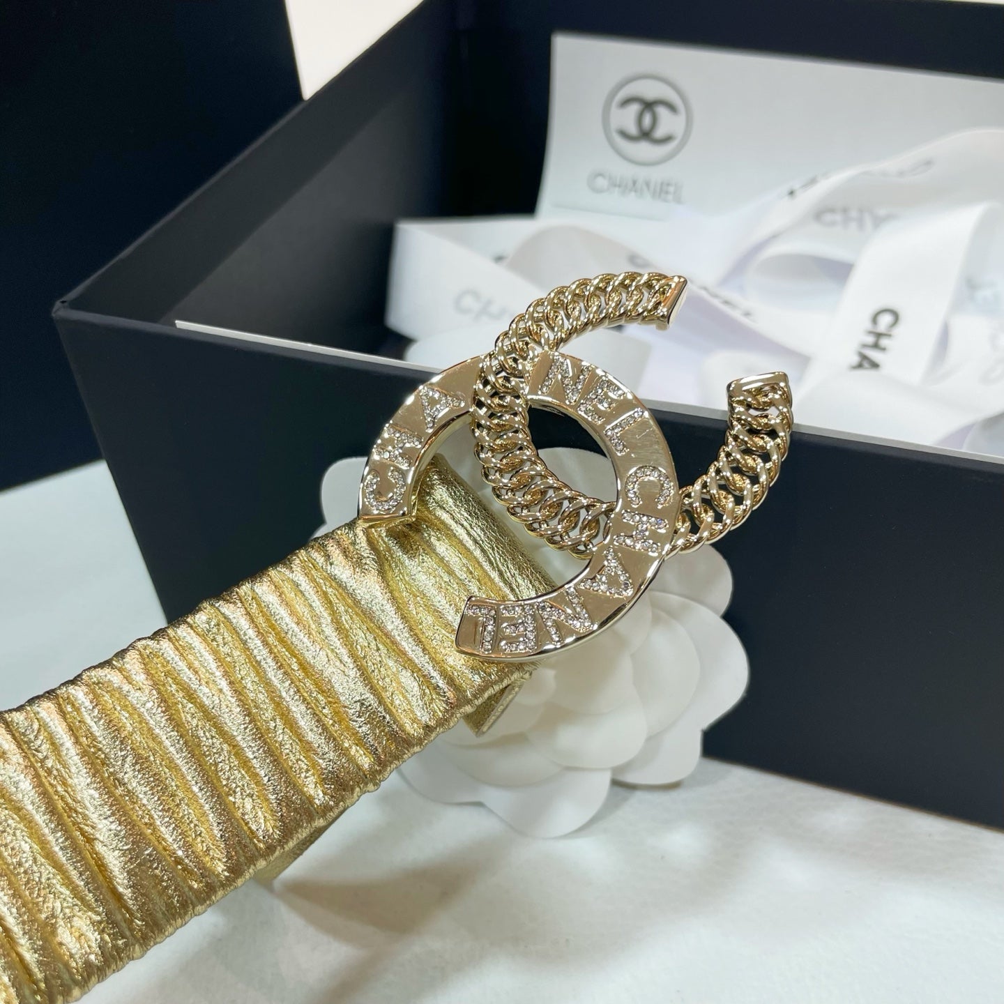 Double C Elastic Belt 30Mm In Yellow Calfskin Gold Crystal Embellished Buckle