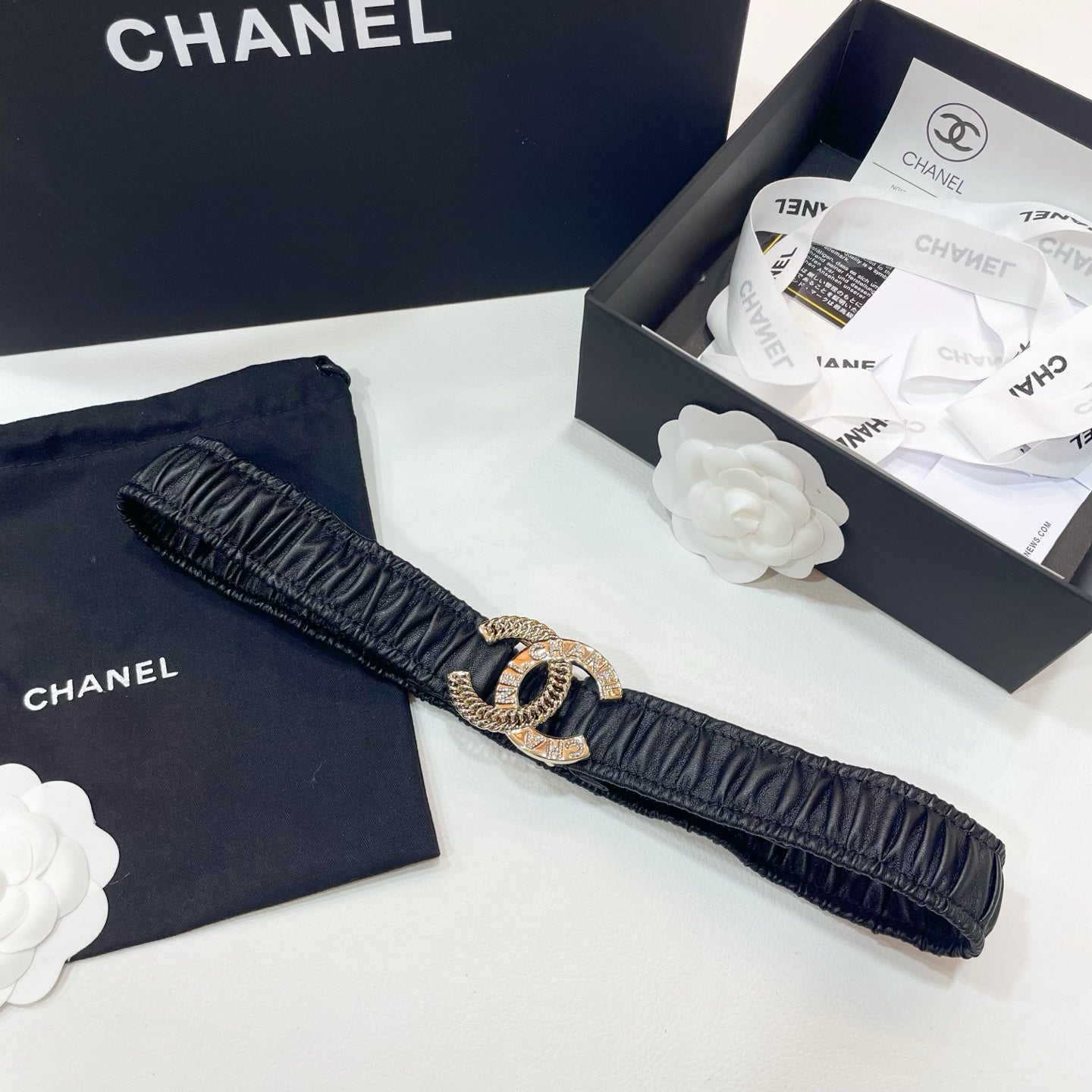 Double C Elastic Belt 30Mm In Black Calfskin Gold Crystal Embellished Buckle