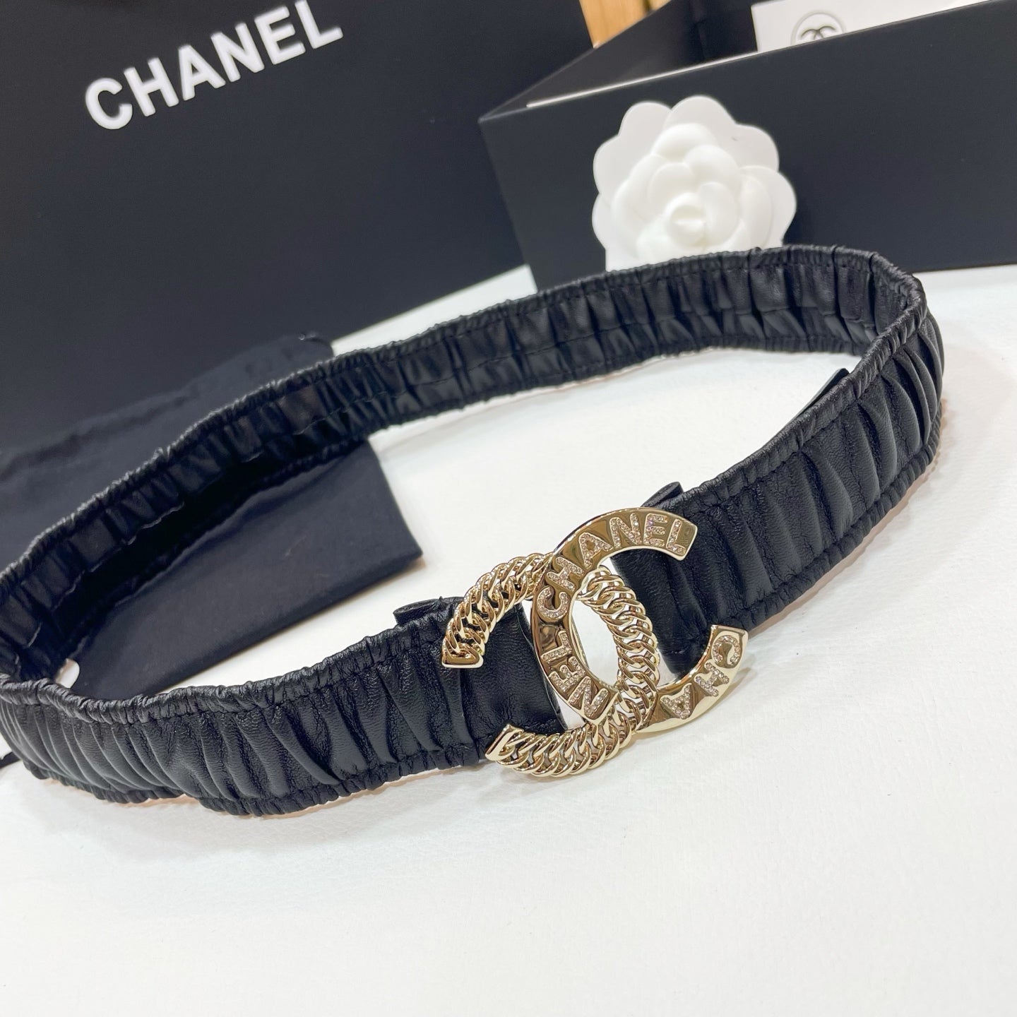 Double C Elastic Belt 30Mm In Black Calfskin Gold Crystal Embellished Buckle