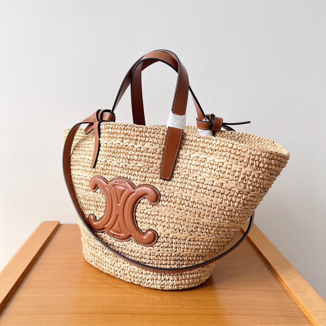 Celine Teen Supple Classic Panier 22cm Brown Calfskin Beige Raffia