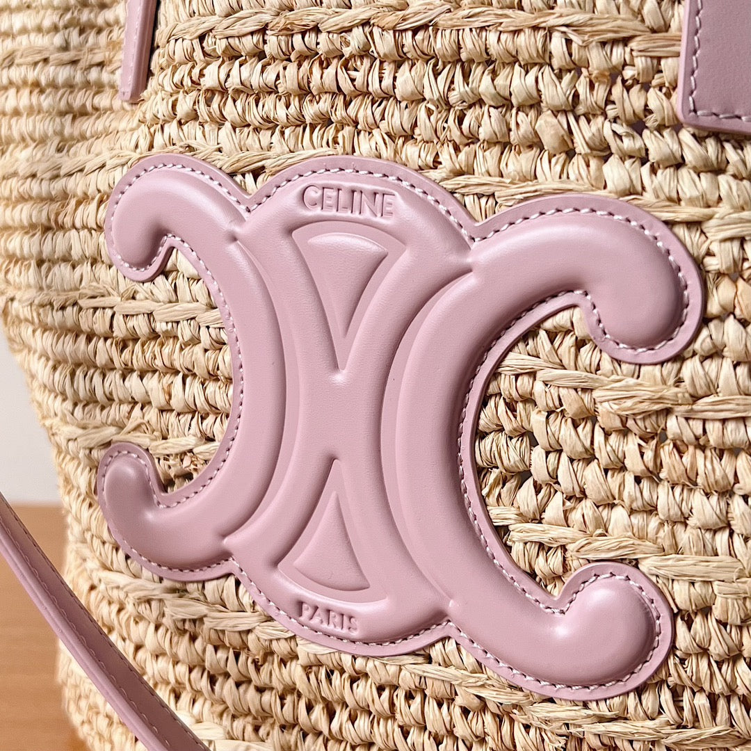 Celine Teen Supple Classic Panier 22cm Pink Calfskin Beige Raffia