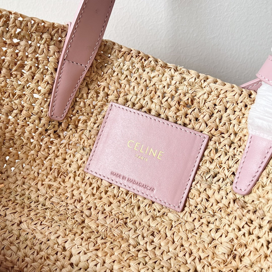 Celine Teen Supple Classic Panier 22cm Pink Calfskin Beige Raffia