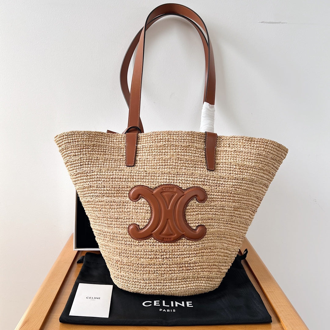 Celine Medium Supple Classic Panier 30cm Brown Calfskin Beige Raffia
