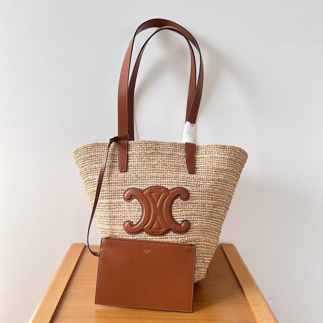 Celine Medium Supple Classic Panier 30cm Brown Calfskin Beige Raffia