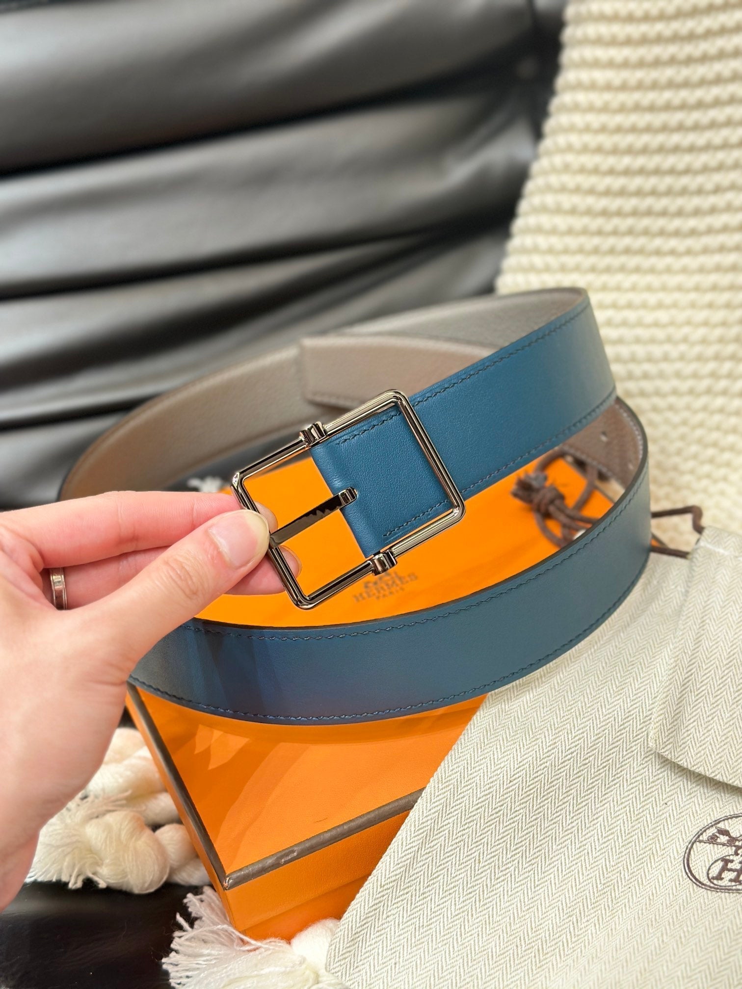 Hm Hadrien 38Mm Reversible Belt Grey And Aegean Blue Leather Silver Buckle