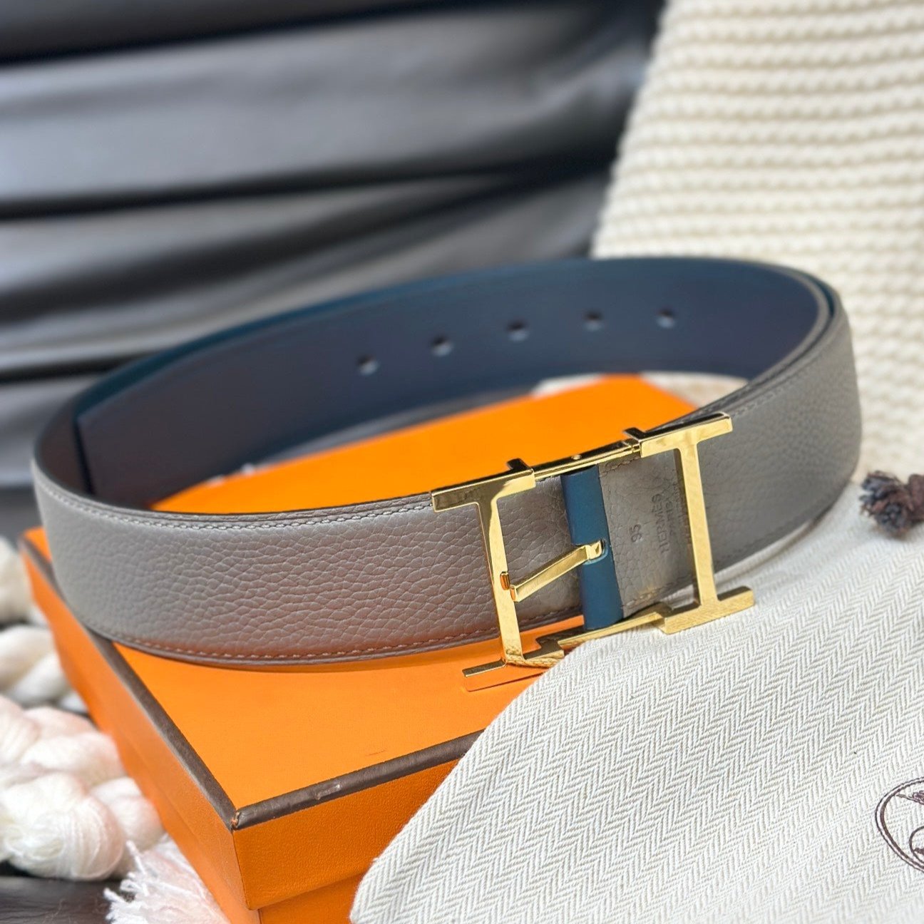 Hm Hadrien 38Mm Reversible Belt Grey And Blue Leather Gold Buckle