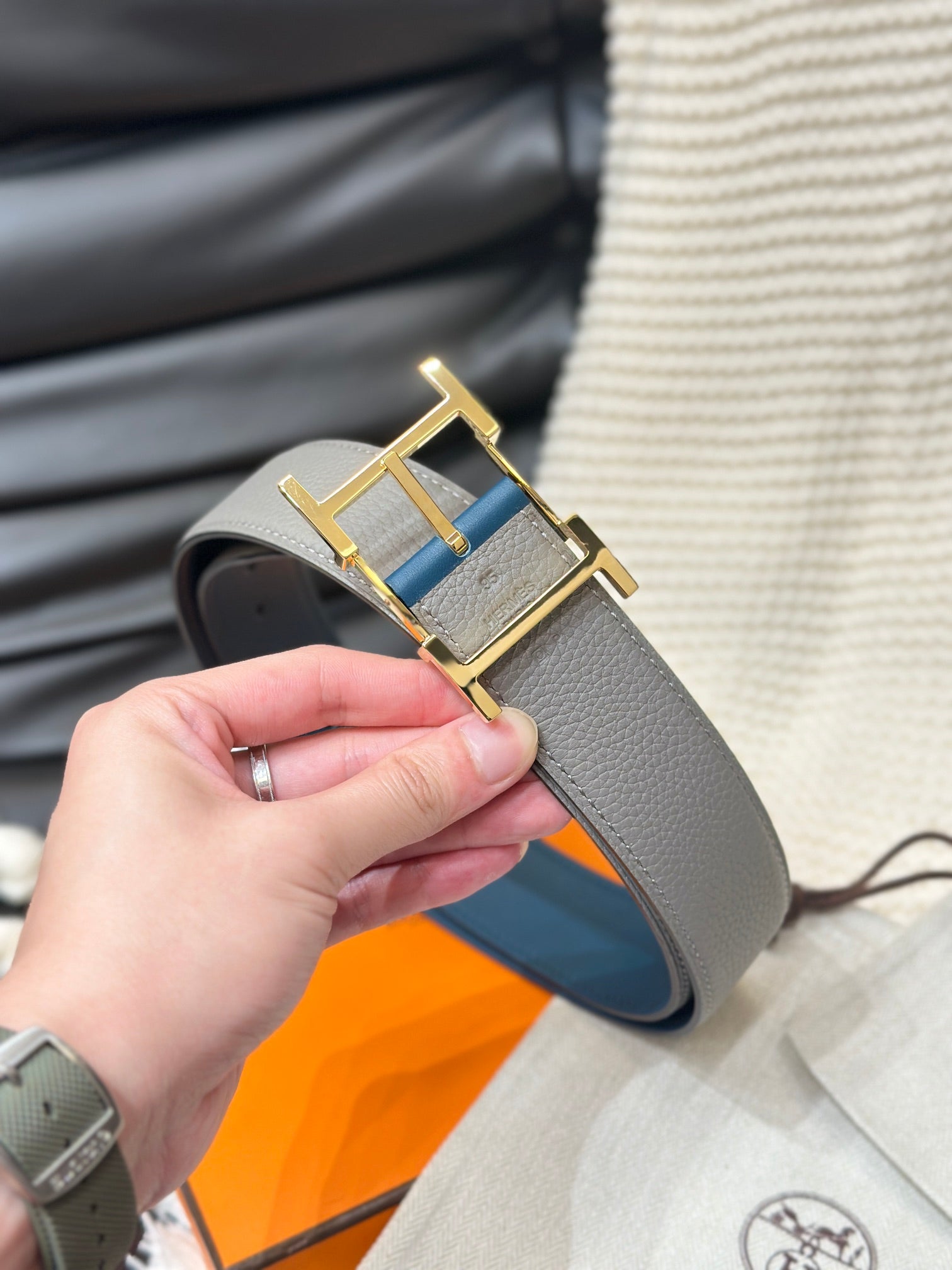 Hm Hadrien 38Mm Reversible Belt Grey And Blue Leather Gold Buckle