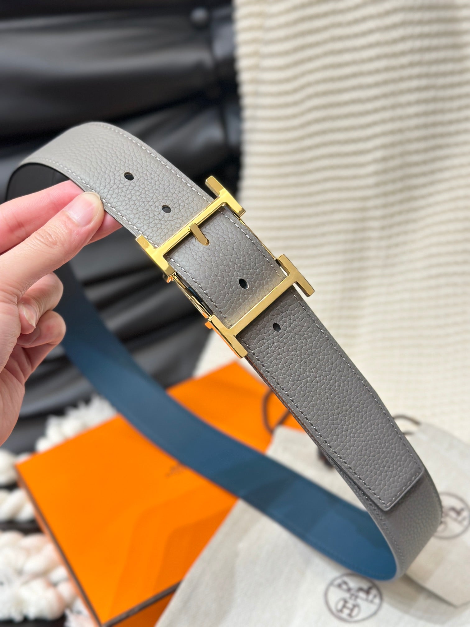 Hm Hadrien 38Mm Reversible Belt Grey And Blue Leather Gold Buckle