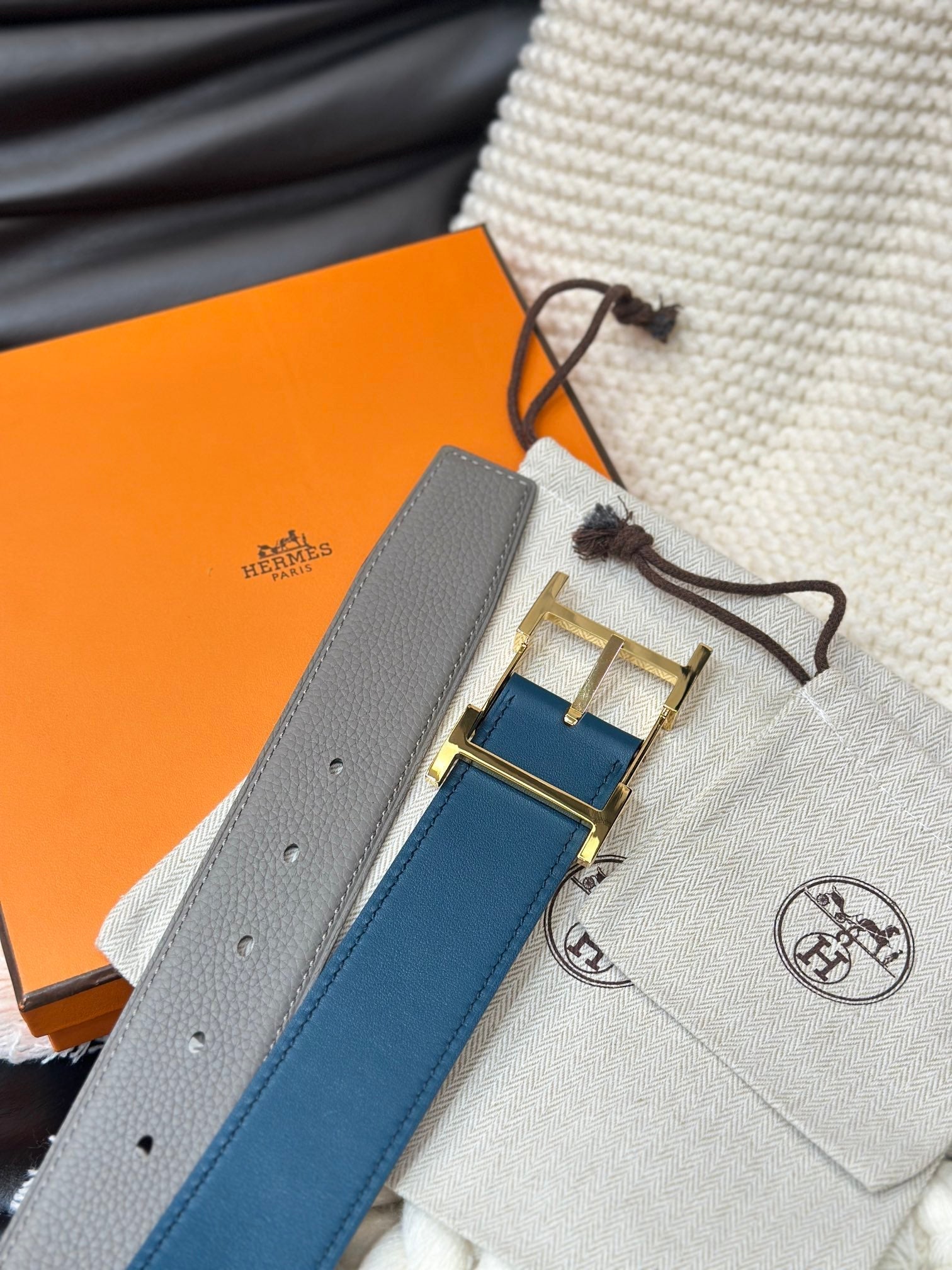 Hm Hadrien 38Mm Reversible Belt Grey And Blue Leather Gold Buckle