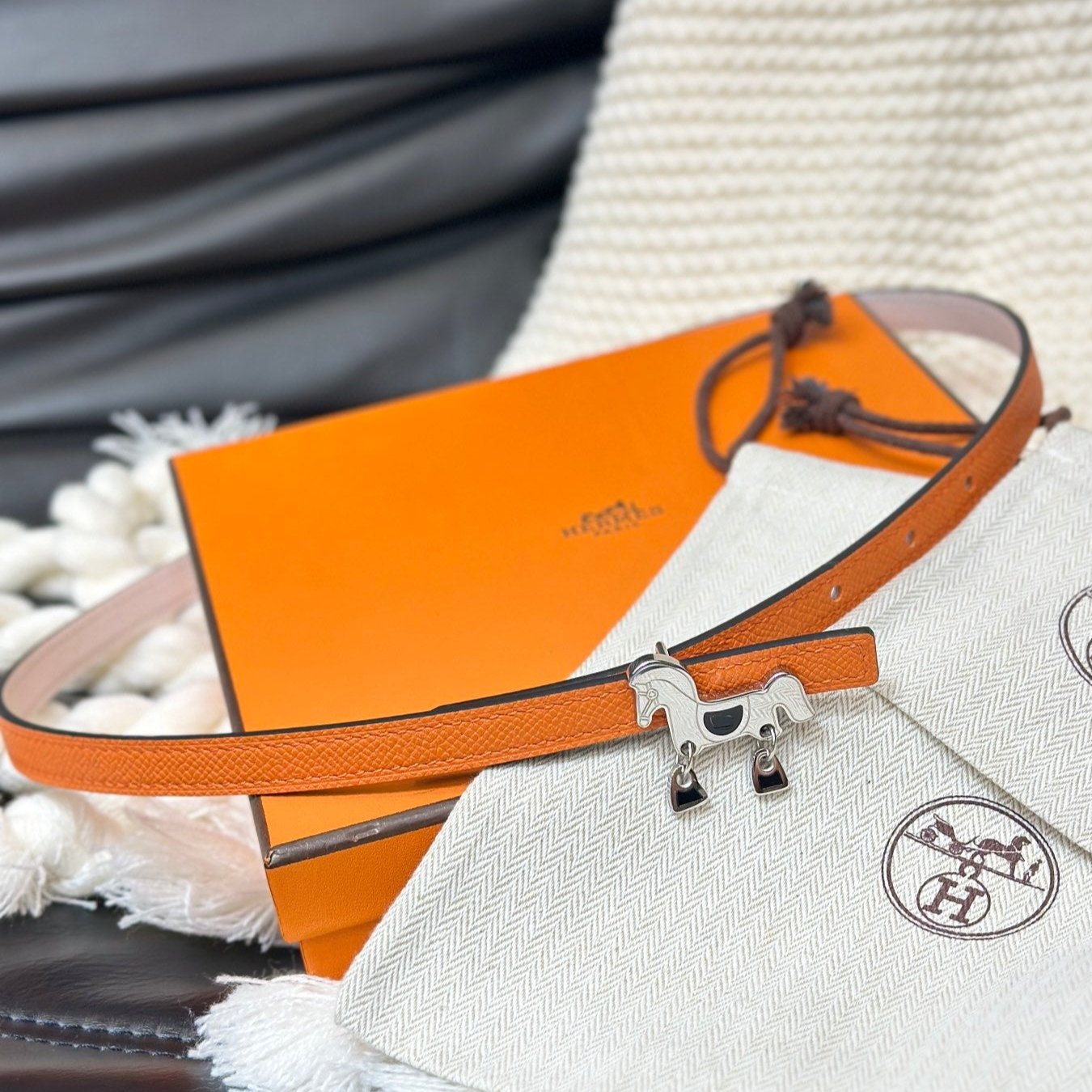 Hm Roulis Silver Buckle & Reversible Orange Leather Strap 13Mm