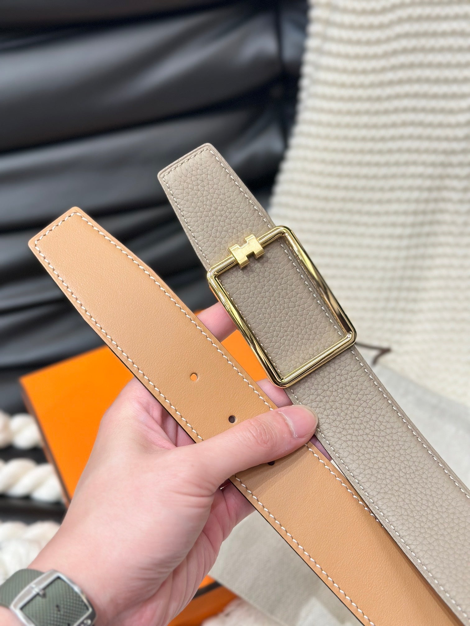 Hm Tube H Belt Gold Buckle & Reversible Honey Orange Leather Strap 38Mm