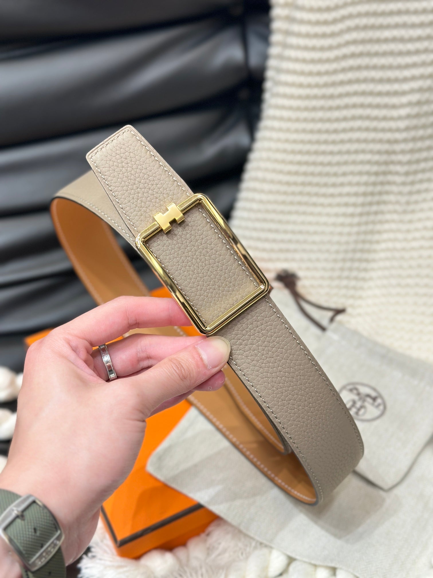 Hm Tube H Belt Gold Buckle & Reversible Honey Orange Leather Strap 38Mm