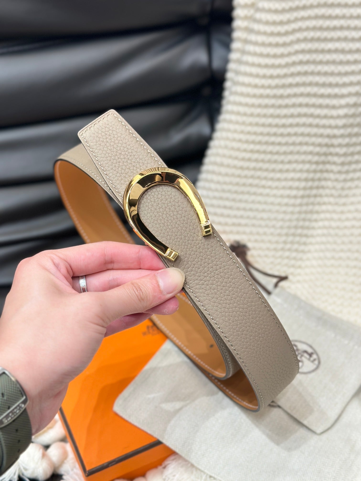 Hm Luck Belt Gold Buckle & Reversible Peanut Brown Leather Strap 38Mm