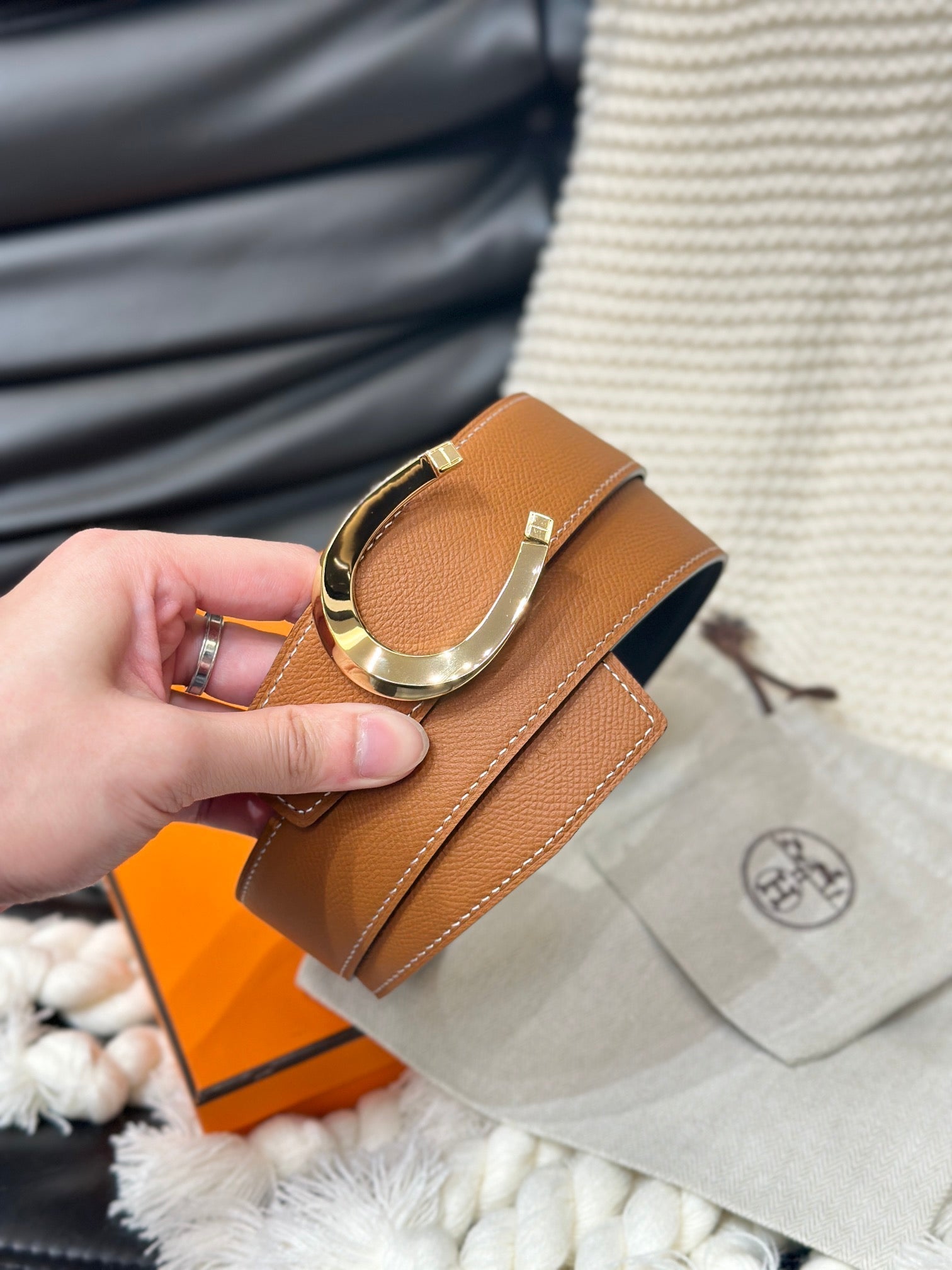 Hm Luck Belt Gold Buckle & Reversible Dark Orange Leather Strap 38Mm