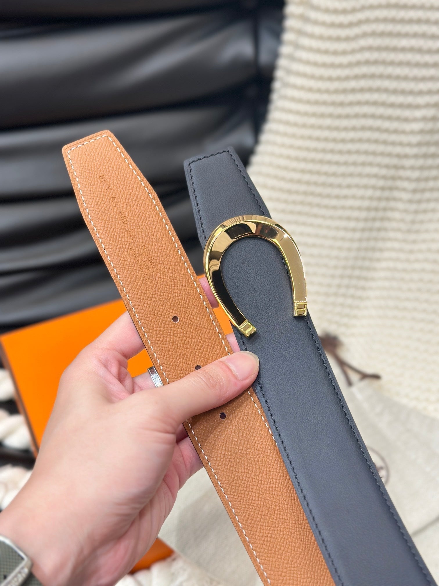 Hm Luck Belt Gold Buckle & Reversible Dark Orange Leather Strap 38Mm