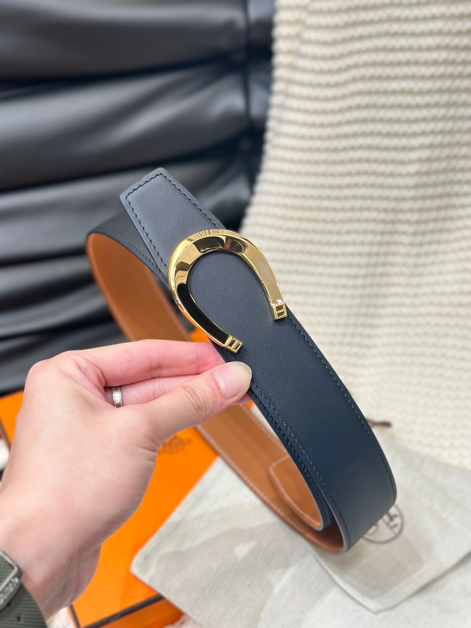 Hm Luck Belt Gold Buckle & Reversible Dark Orange Leather Strap 38Mm