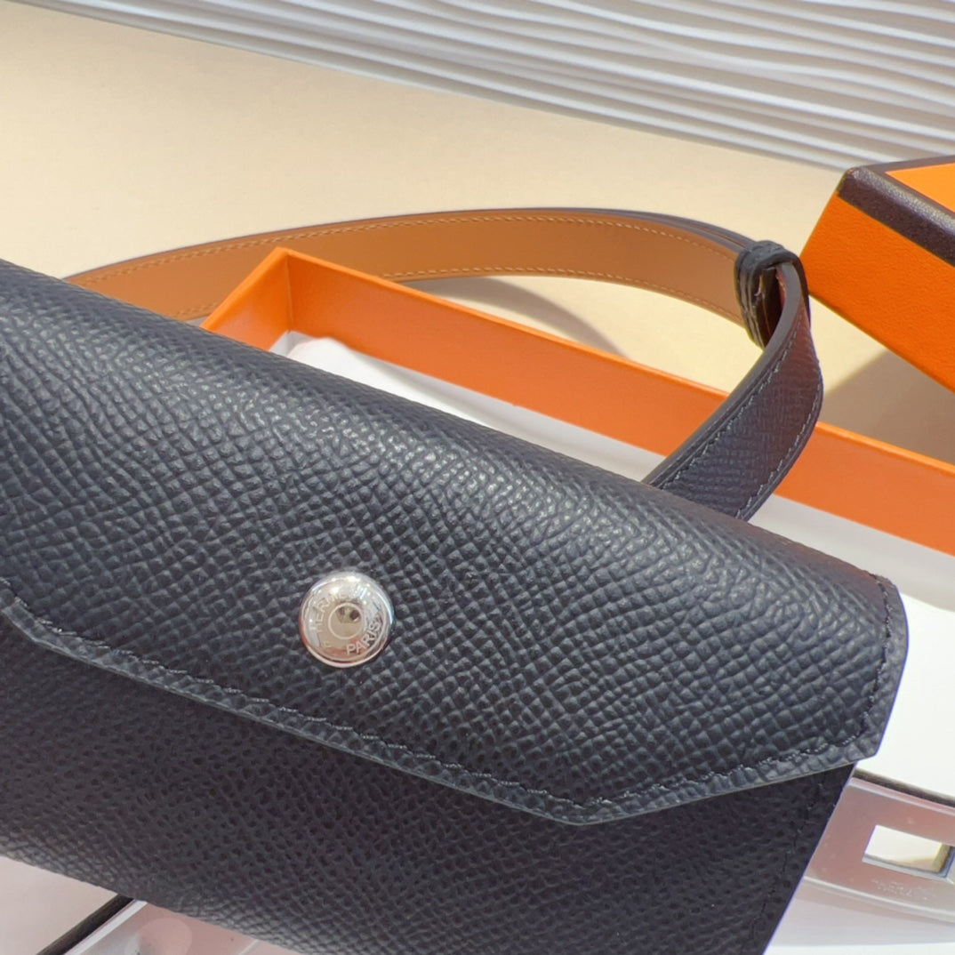 Hm Kelly Pocket 18Mm Belt Black Leather Silver Hardware