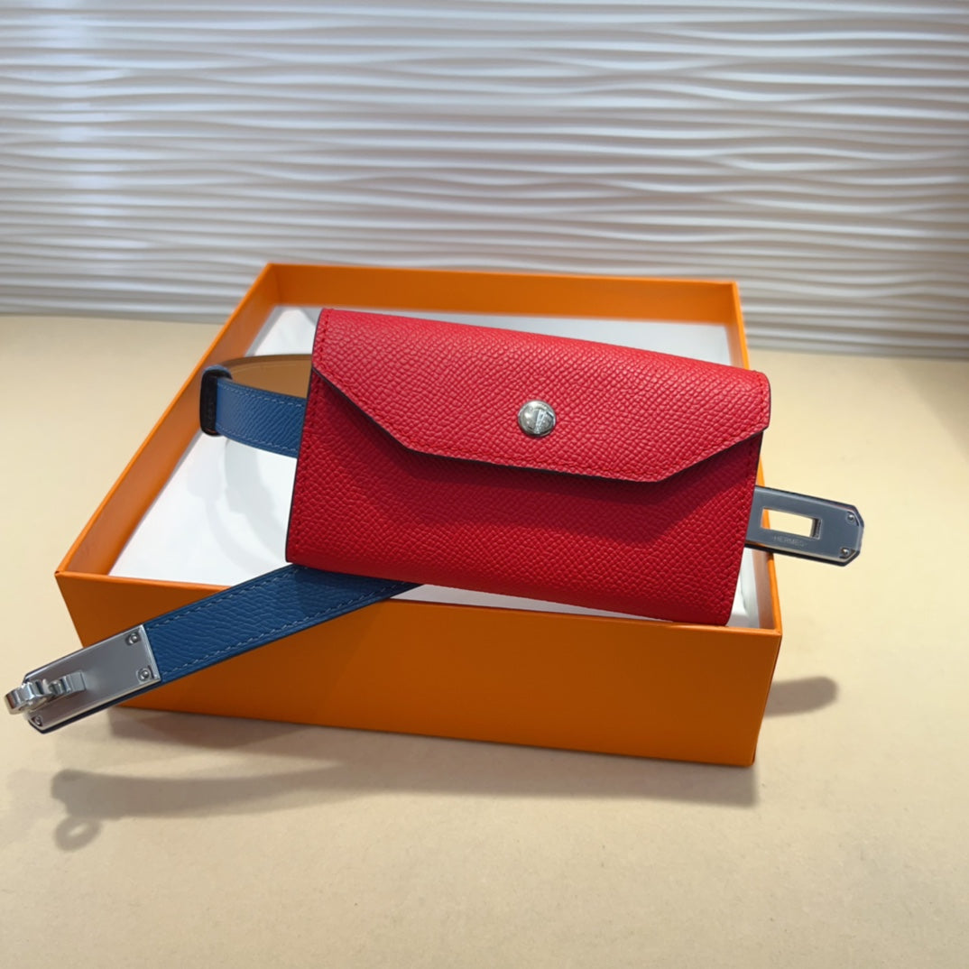 Hm Kelly Cherry Red Pocket 18Mm Belt Navy Blue Leather Silver Hardware