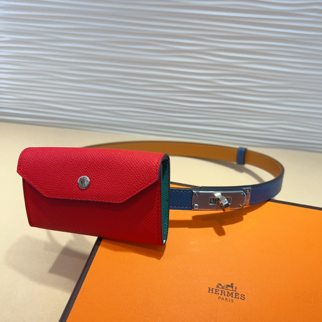 Hm Kelly Cherry Red Pocket 18Mm Belt Navy Blue Leather Silver Hardware