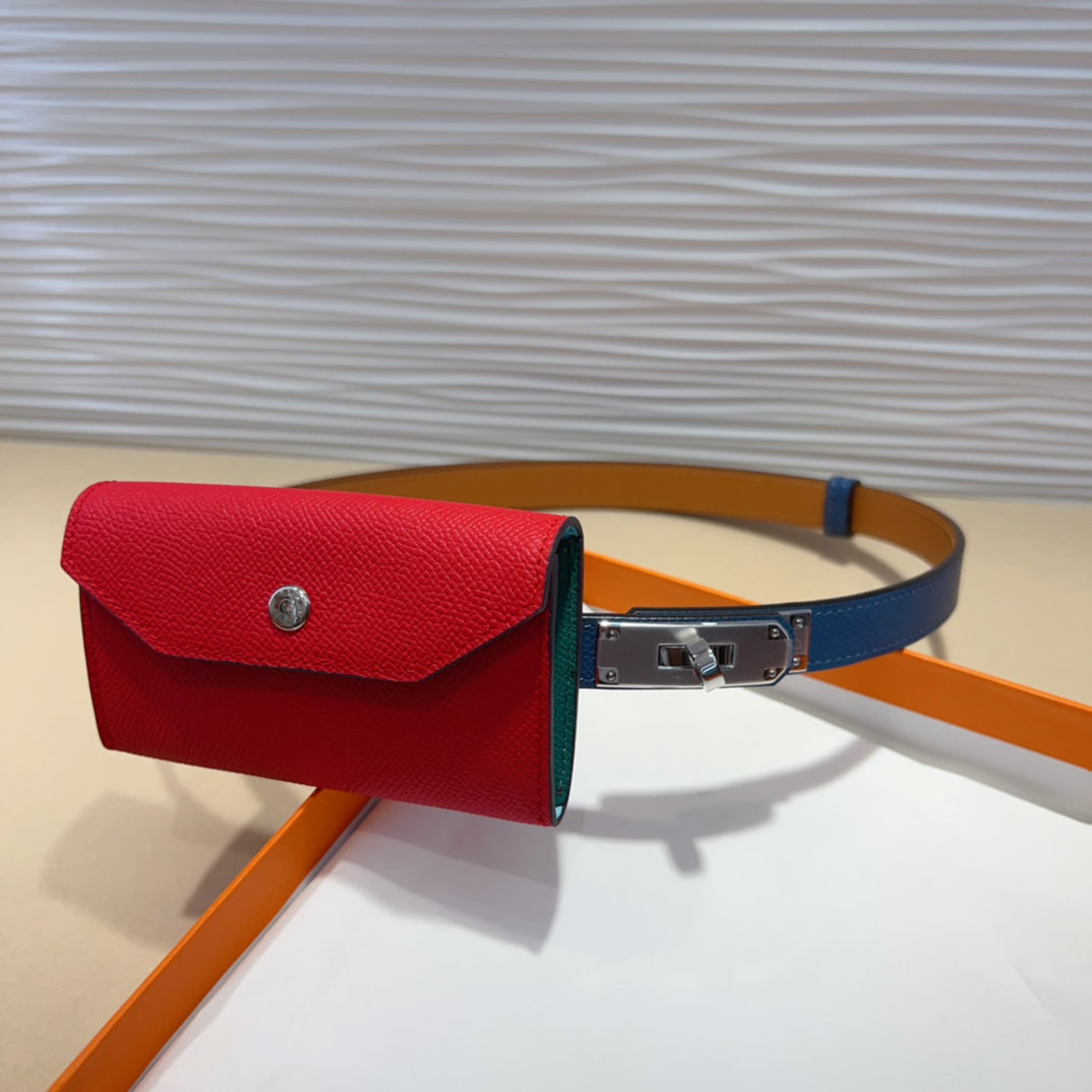 Hm Kelly Cherry Red Pocket 18Mm Belt Navy Blue Leather Silver Hardware