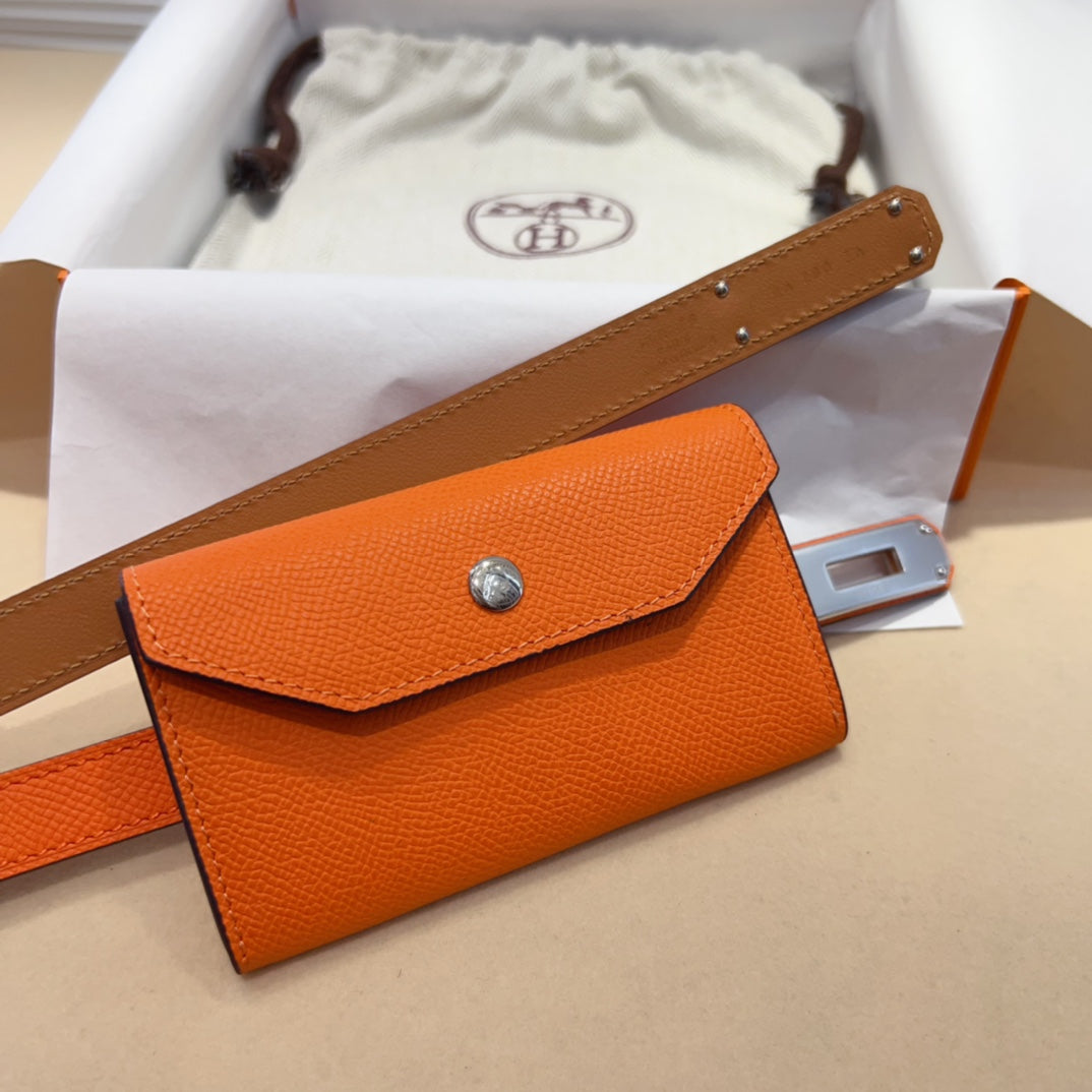 Hm Kelly Pocket 18Mm Belt Orange Leather Silver Hardware