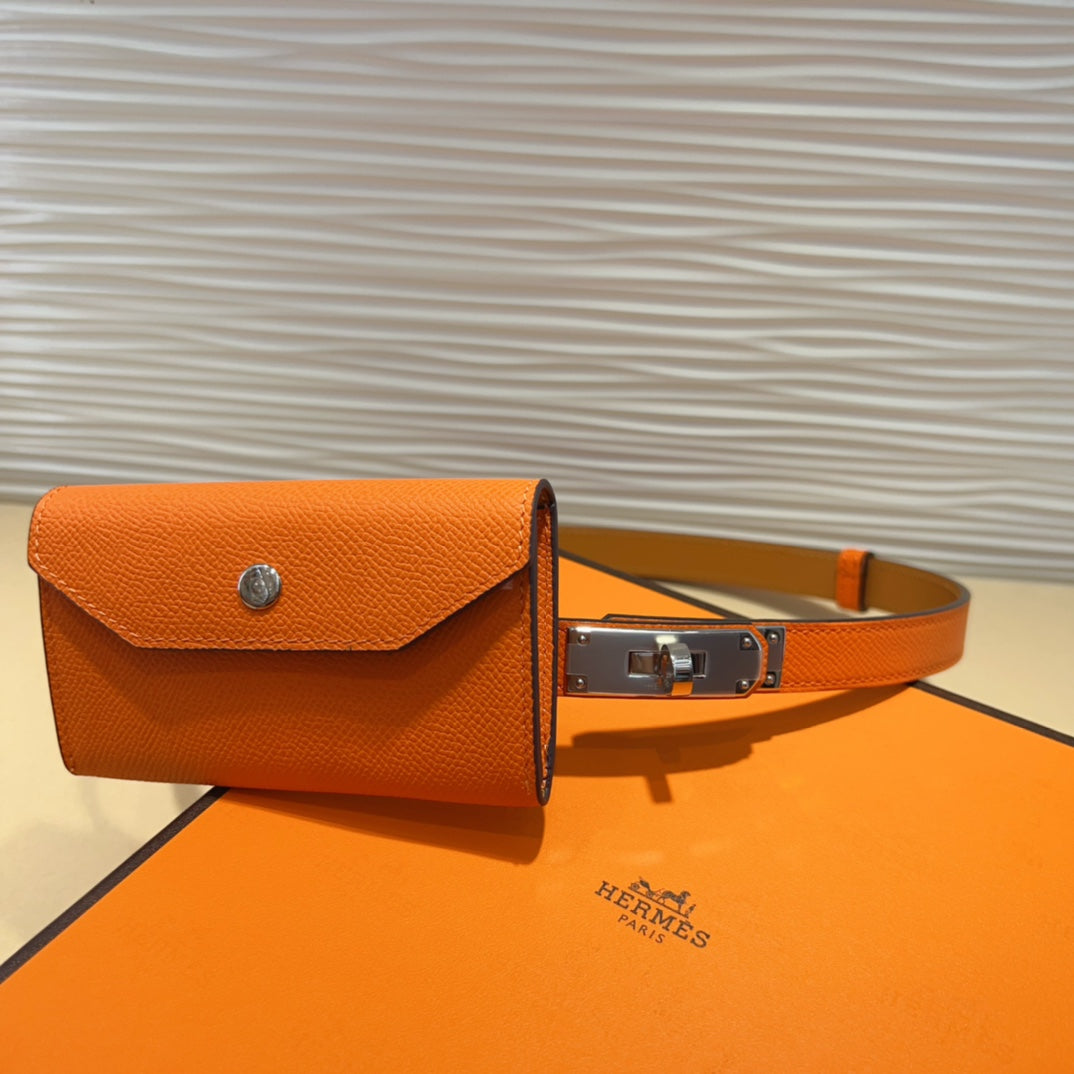 Hm Kelly Pocket 18Mm Belt Orange Leather Silver Hardware