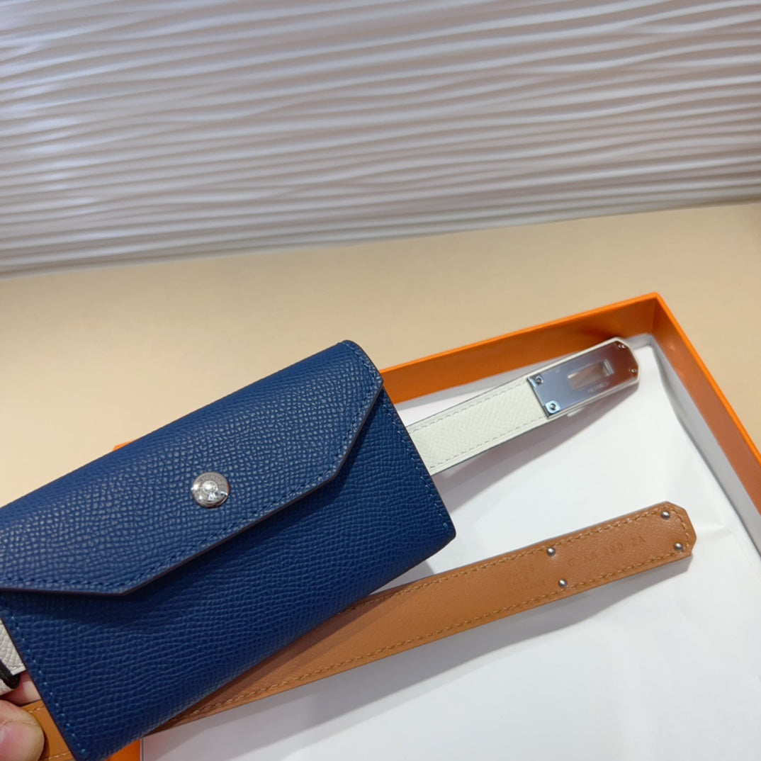 Hm Kelly Navy Blue Pocket 18Mm Belt White Leather Silver Hardware