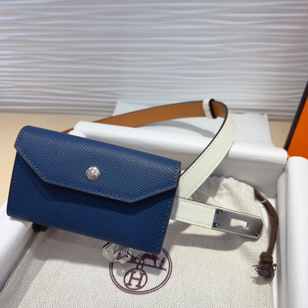 Hm Kelly Navy Blue Pocket 18Mm Belt White Leather Silver Hardware