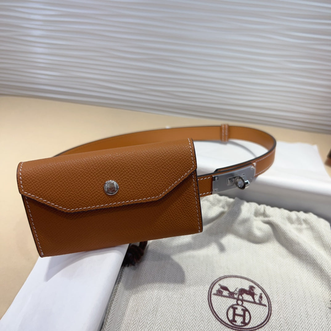 Hm Kelly Pocket 18Mm Belt Cinnamon Brown Leather Silver Hardware