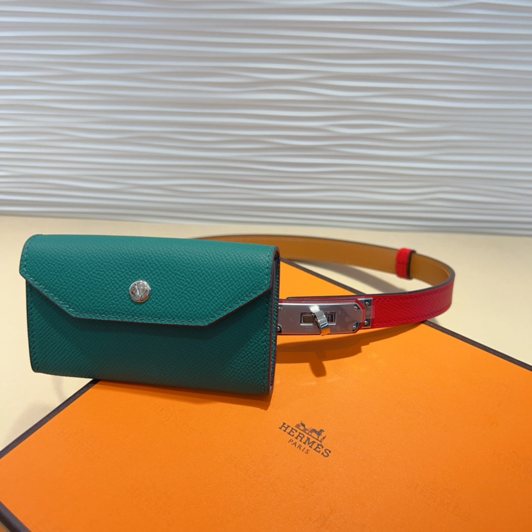 Hm Kelly Teal Green Pocket 18Mm Belt Cherry Red Leather Silver Hardware