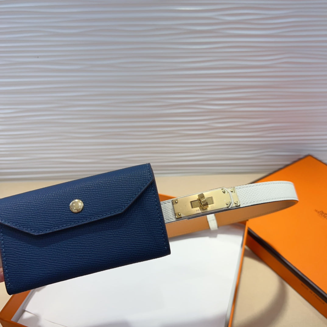 Hm Kelly Navy Blue Pocket 18Mm Belt White Leather Gold Hardware