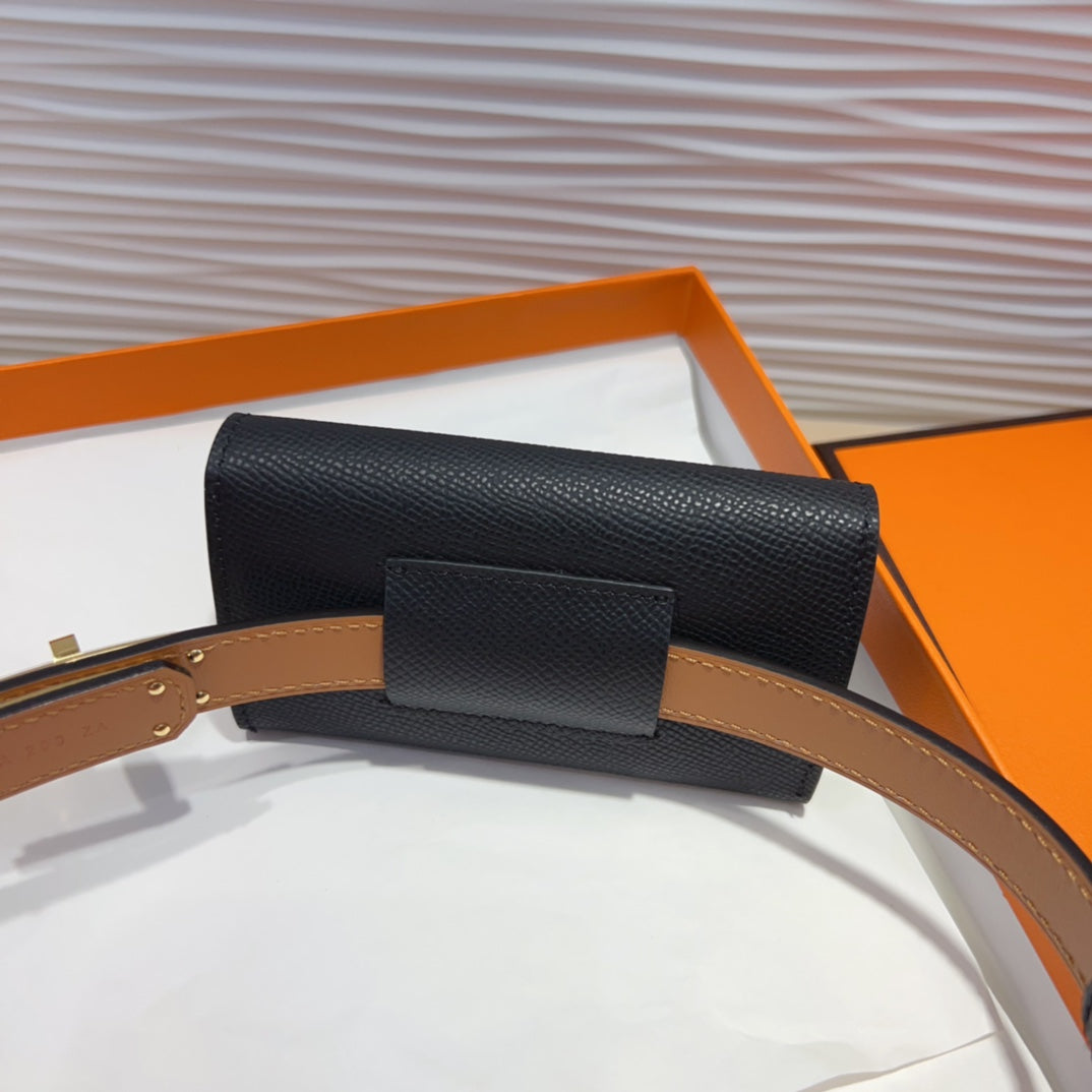 Hm Kelly Pocket 18Mm Belt Black Leather Gold Hardware