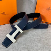 Hm Constance Belt Buckle & Reversible Navy Blue Leather Strap 38Mm Silver Hardware