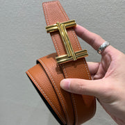 Hm Traverse Belt Buckle & Reversible Bronze Brown Leather Strap 38 Mm Gold Hardware