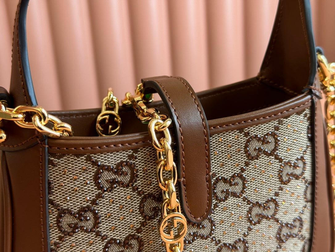 Gucci Jacket Bag Brown mix Ebony Rhinestones Leather Canvas 248592