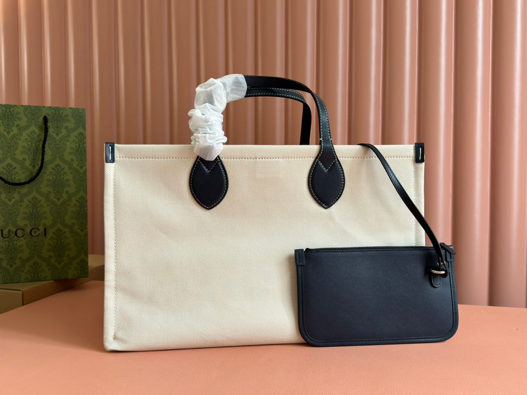 Gucci Medium Tote Bag Blue White Leather Canvas 248186