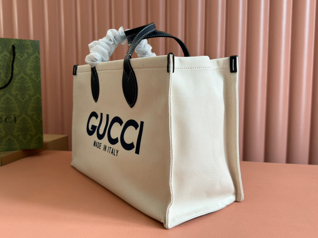 Gucci Medium Tote Bag Blue White Leather Canvas 248186