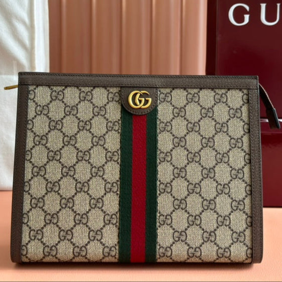 Gucci Ophidia 27cm Clutch Ebony Brown Canvas Leather 239914