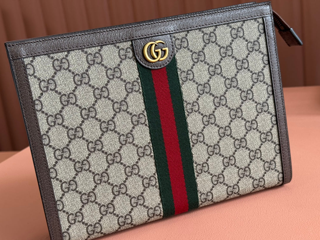 Gucci Ophidia 27cm Clutch Ebony Brown Canvas Leather 239914