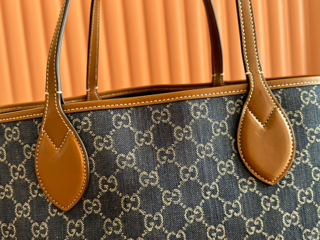 Gucci Totissima 30.5cm Tote Bag Blue mix Brown Denim Leather 248433