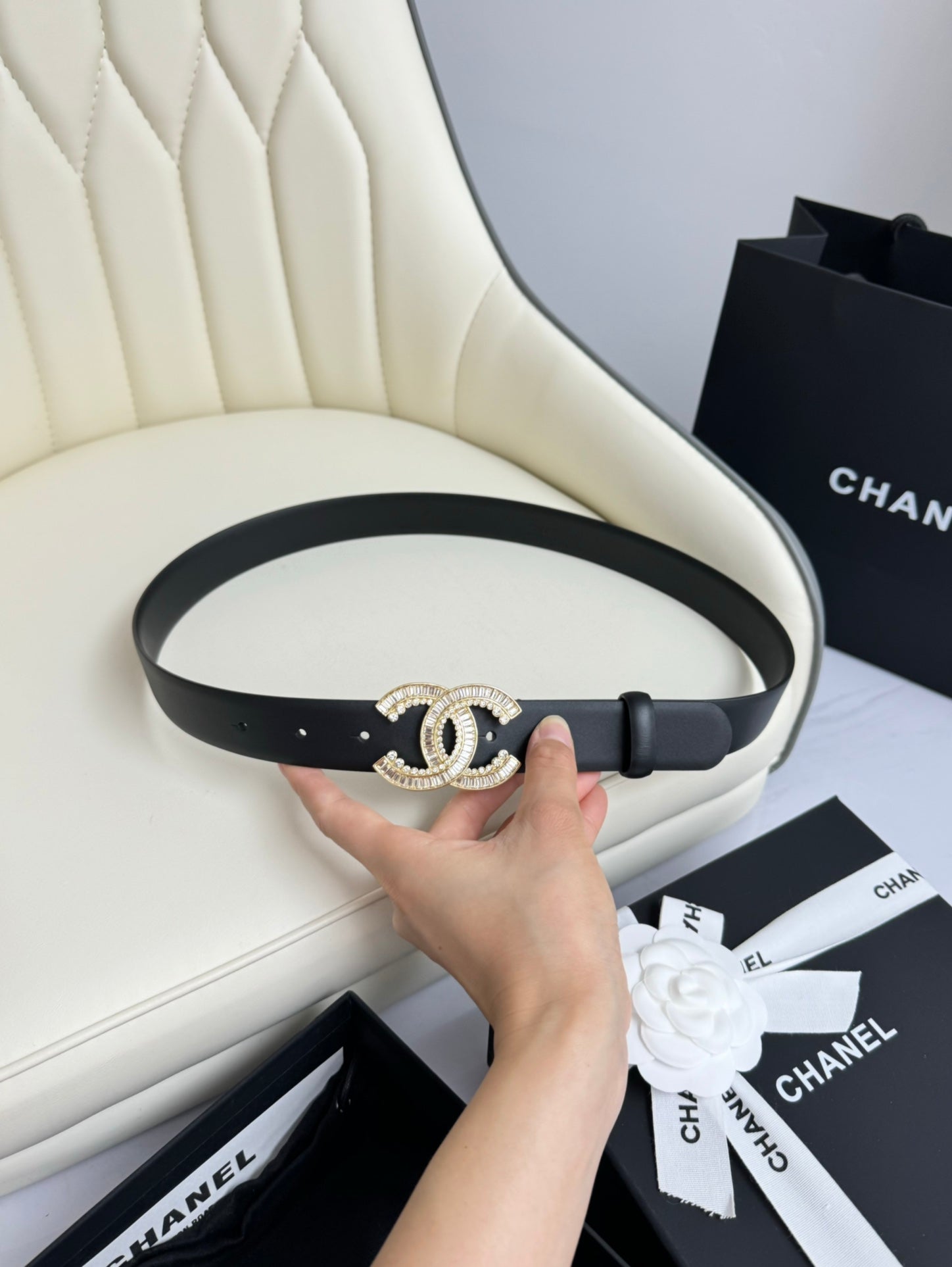 Cc Belt 30Mm In Black Smooth Calfskin Gold Hardware Attach Rhinstone