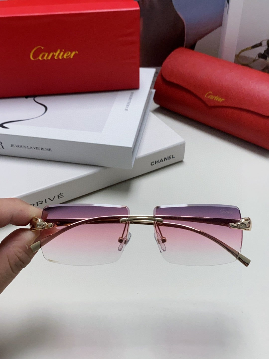 Panthère Rimless Rectangular Frame Sunglasses 543543 In Metal