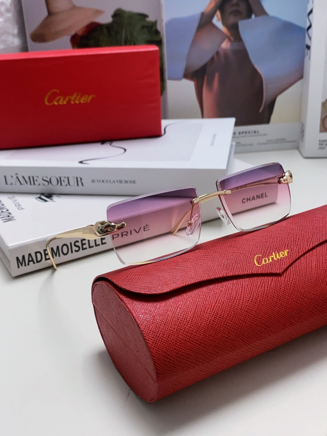 Panthère Rimless Rectangular Frame Sunglasses 543543 In Metal