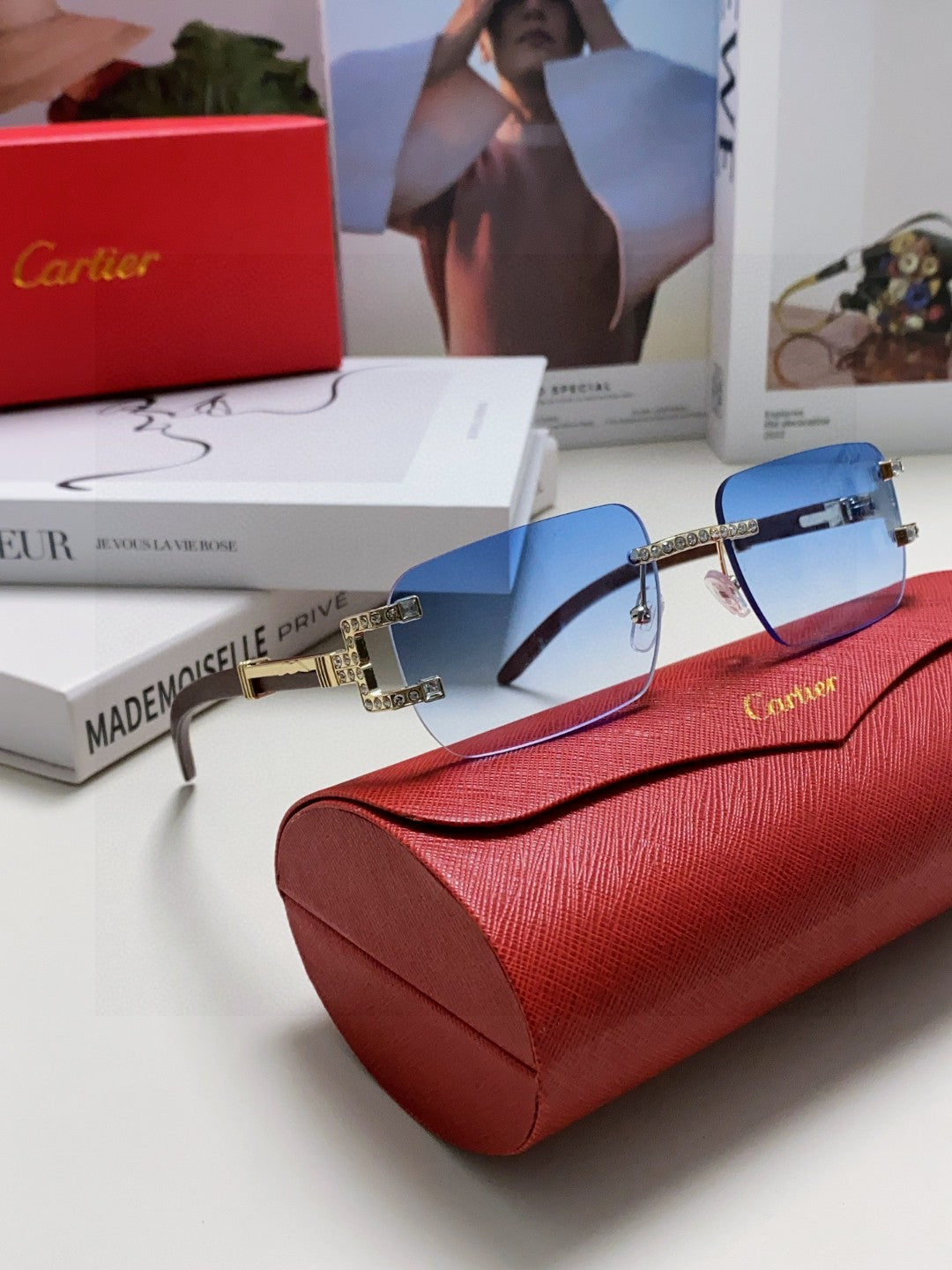 Crystal Studded C De Rectangular Frame Sunglasses 533159 In Metal