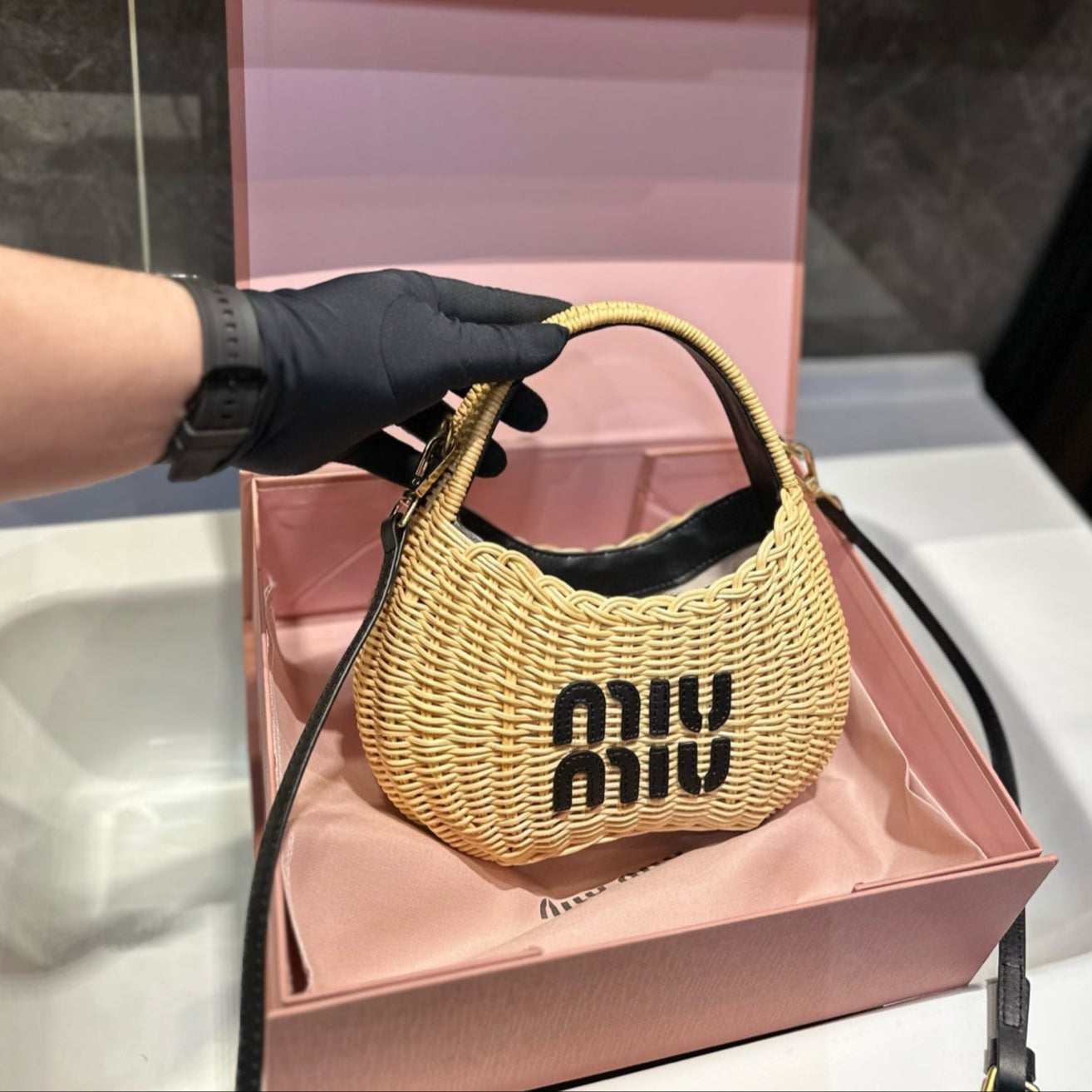 WANDER WICKER HOBO BAG 23 IN TAN BROWN HANDWOVEN WITH BLACK CALFSKIN LOGO