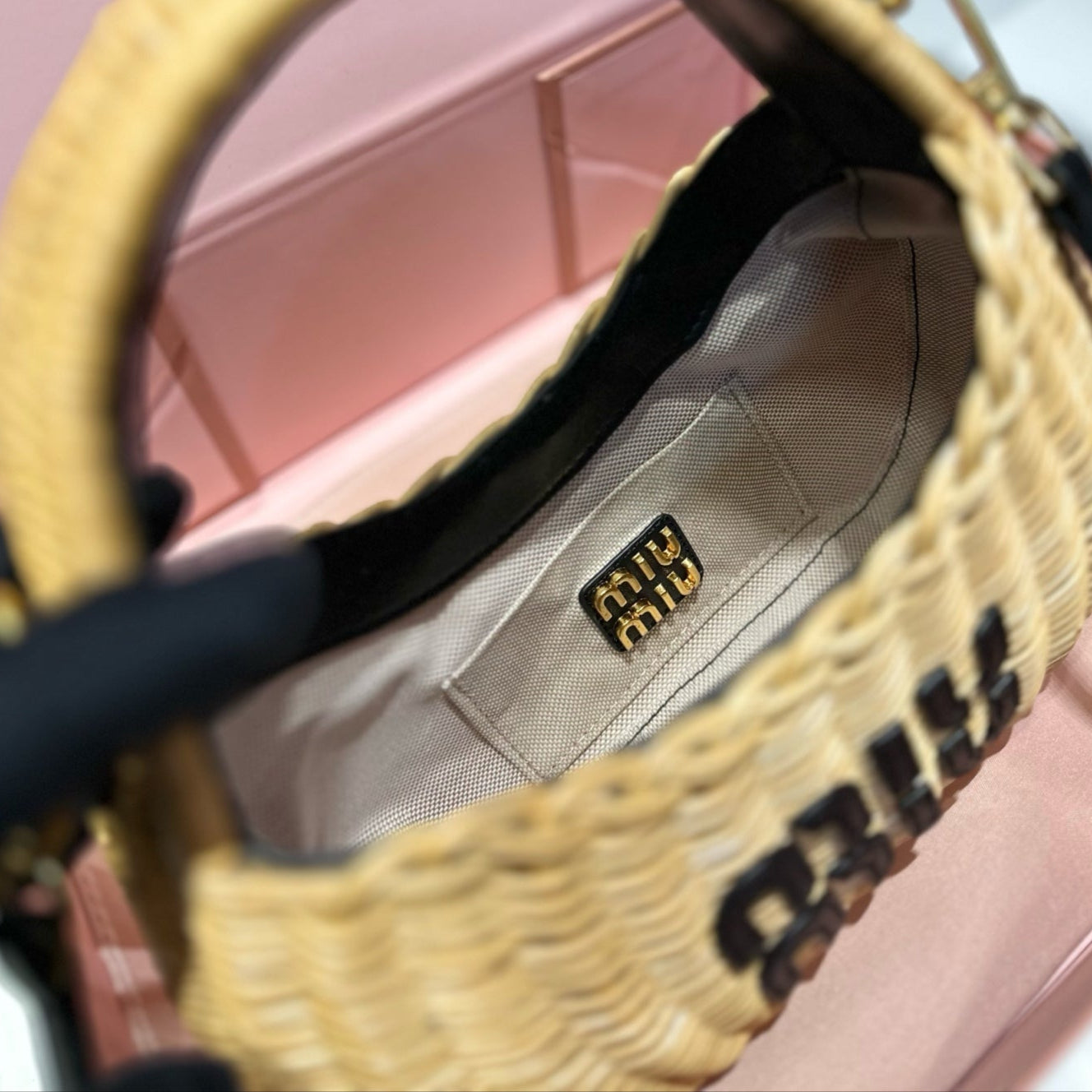 WANDER WICKER HOBO BAG 23 IN TAN BROWN HANDWOVEN WITH BLACK CALFSKIN LOGO